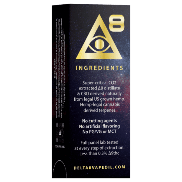 Rear Label of Gold Delta 8 + CBD Cartridge 1:1 Ratio