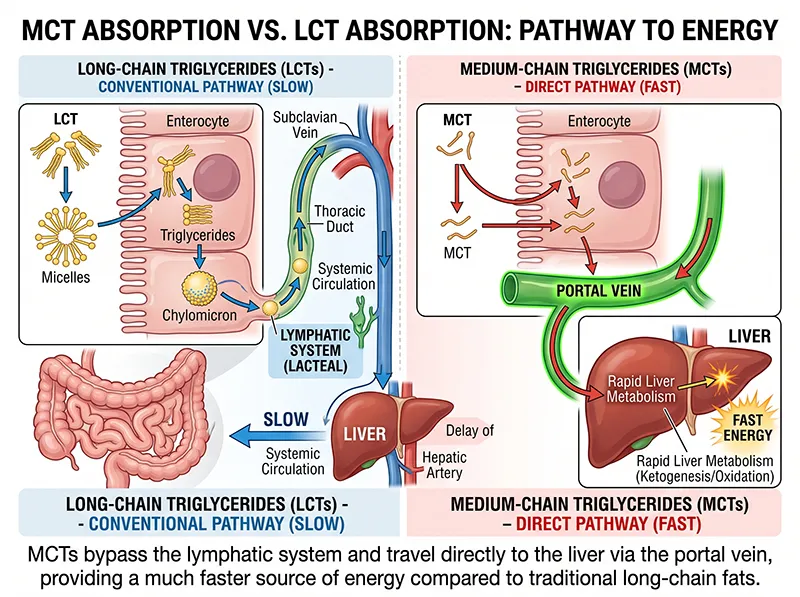 MCTs bypass the lymphatic system and travel directly to the liver via the portal vein, providing a much faster source of energy compared to traditional long-chain fats.