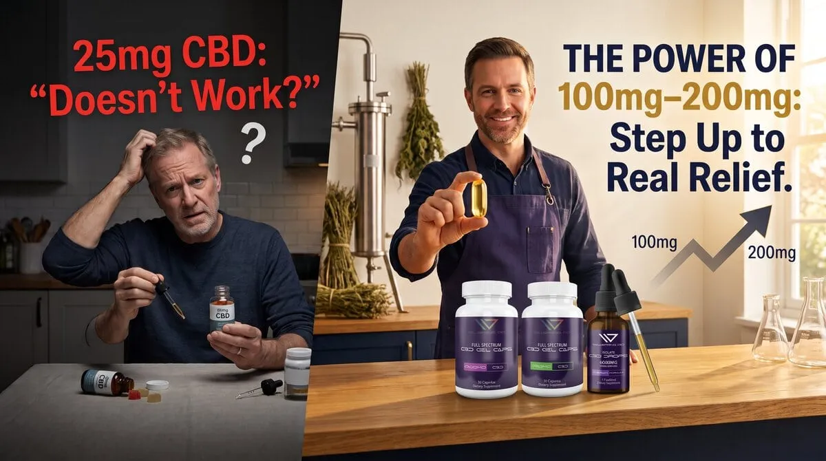 Split comparison showing a confused man with a low-dose 25mg CBD bottle next to Jason from Wellspring CBD presenting 100mg, 200mg Full Spectrum Gel Caps, and 6000mg Isolate Drops.